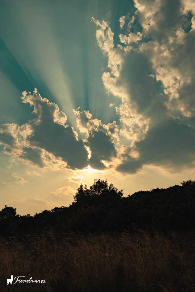 Rayons de soleil perçant une trouée de nuages au-dessus d'une colline boisée