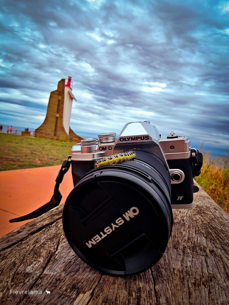 Appareil photo argentique face à un monument et paysage de voyage