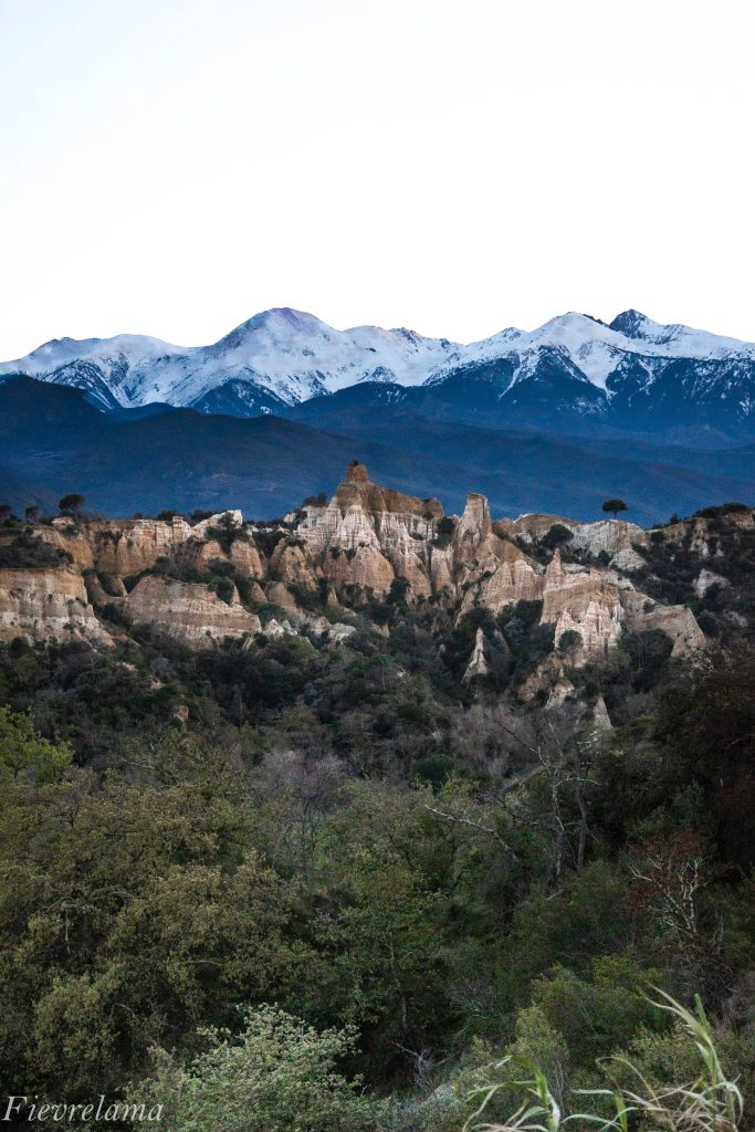 Château du pays catalan devant les montagnes enneigées des Pyrénées-Orientales