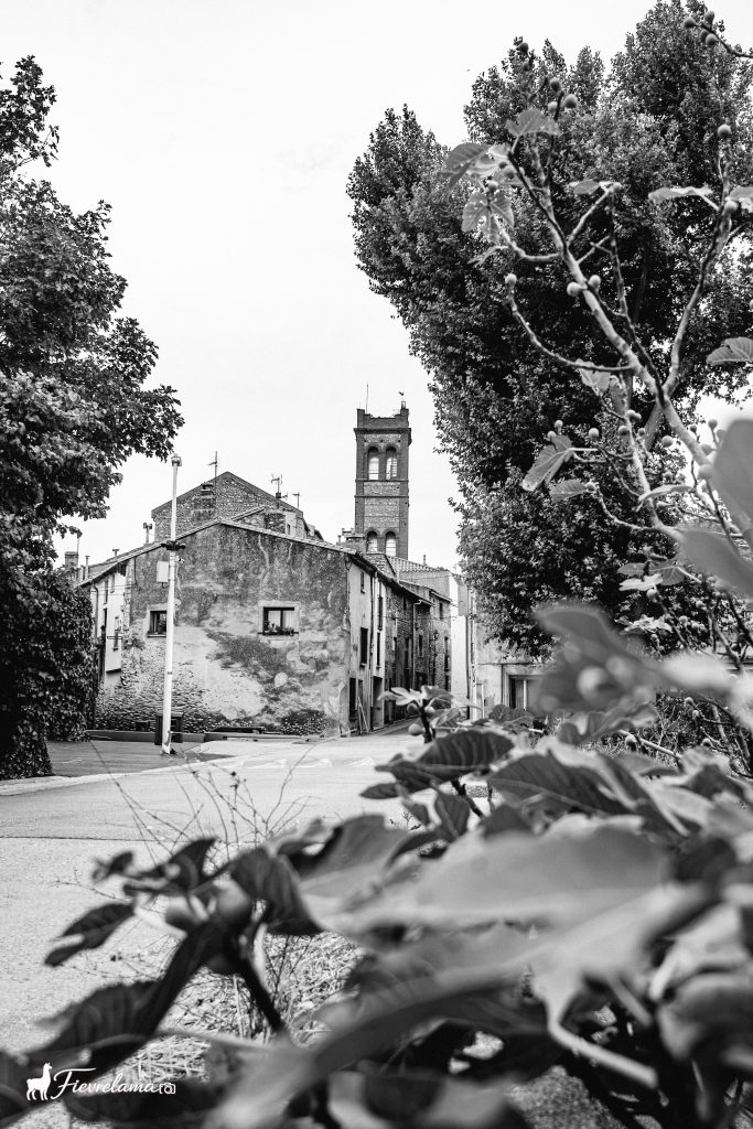 Route menant à un village catalan surmonté d'un clocher, photographie en noir et blanc